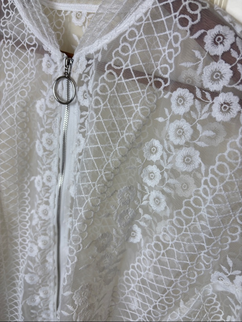 SHEIN White Sheer Floral Lace Bomber Jacket with Ring Zip - Picture 3 of 3